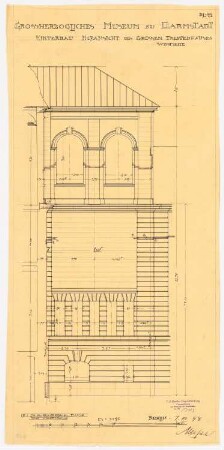 Großherzogliches Museum, Darmstadt Ausführungsprojekt ab 1896: Treppenhaus im Mittelflügel: Ansicht vom Westhof 1:50