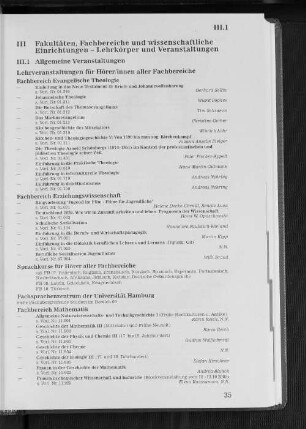 III. Fakultäten, Fachbereiche und wissenschaftliche Einrichtungen - Lehrkörper und Veranstaltungen