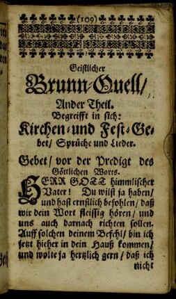 Ander Theil. Begreifft in sich: Kirchen- und Fest-Gebet/ Sprüche und Lieder.