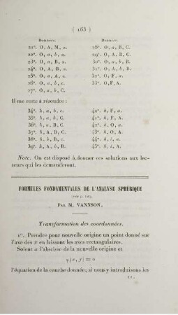 Formules fondamentales de l'analyse sphérique.