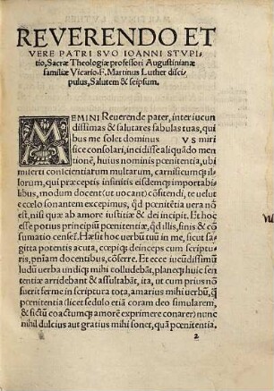 Ad Leonem X. Pontificem Maximvm Resolutiones disputationum de uirtute indulgentiarum reuere[n]di Patris, ac Sacrae Theologiae doctoris Martini Luther Augustiniani VVittenbergensis