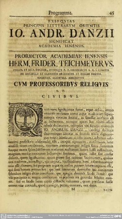 Exsequias Principis Litterarum Orientis Jo. Andr. Danzii Significat Academia Ienensis