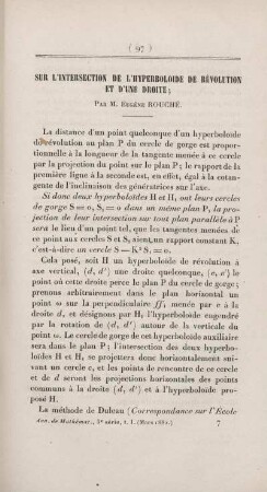 Sur l'intersection de l'hyperboloide de révolution et d'une droite.