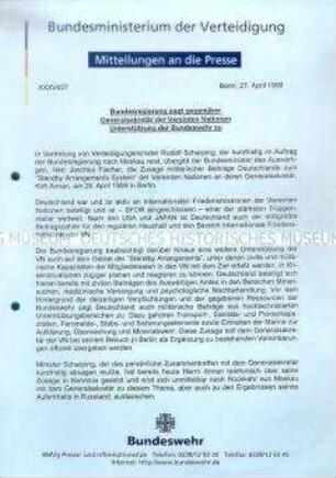 Pressemitteilung des Bundesministeriums der Verteidigung Nr. XXXVI/27 zur Zusage der Beteiligung der Bundesrepublik am "Standby Arrangement System"