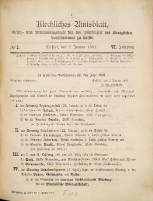 Kirchliches Amtsblatt, Gesetz- und Verordnungsblatt für den Amtsbezirk des Königlichen Konsistoriums zu Cassel. 6. 1891
