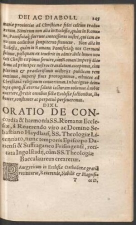 Oratio De Concordia & harmonia SS. Romanae Ecclesiae ...