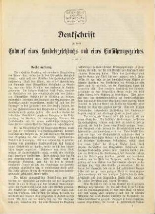 Materialien zum Handelsgesetzbuche für das Deutsche Reich und dem Einführungsgesetze : Entwurf eines Handelsgesetzbuchs nebst dem Entwurf eines Einführungsgesetzes und einer Denkschrift ; Reichstags-Vorlage