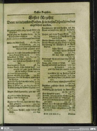 Erstes Register Derer vornehmsten Sachen, so in diesen Dispositionibus angeführet werden