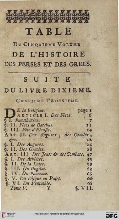 Table du cinquième volume de l’histoire des Perses et des Grecs