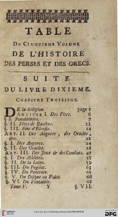 Table du cinquième volume de l’histoire des Perses et des Grecs