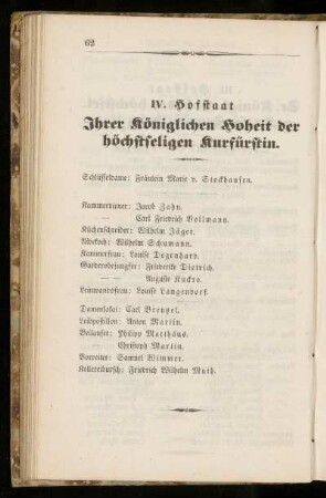 IV. Hofstaat Ihrer königlichen Hoheit der höchstseligen Kurfürstin.