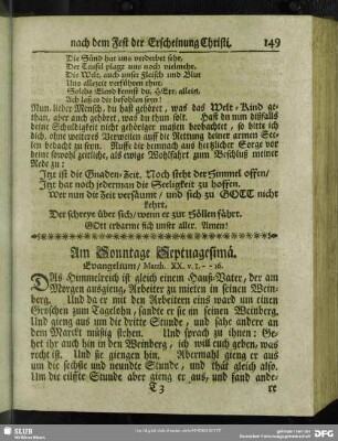 Am Sonntage nach Septuagesimä. Evangelium, Matth. XX. v. 1 - 16