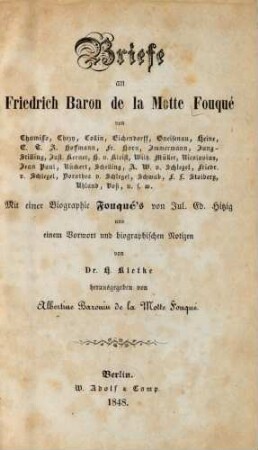 Briefe an Friedrich Baron de la Motte Fouqué