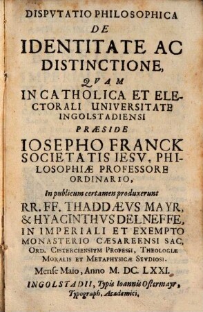 Dispvtatio Philosophica De Identitate Ac Distinctione
