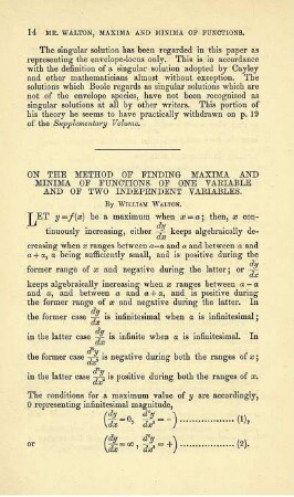 On the method of finding maxima and minima of functions of one variable and of two independent variables.