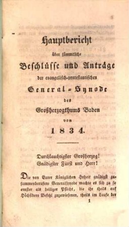 Die evangelisch-protestantische General-Synode des Großherzogthums Baden im Jahr 1834, 8 : enthält Hauptbericht über sämmtliche Beschlüsse und Anträge der evangelisch-protestantischen General-Synode des großherzogthums Baden