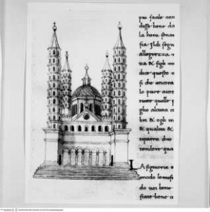 Trattato di Architettura - Codex Valencianus, Buchseite mit dem Dom von Sforzinda (7. Buch)