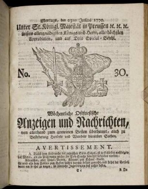 No. 30. Montags, den 23ten Julius 1770.