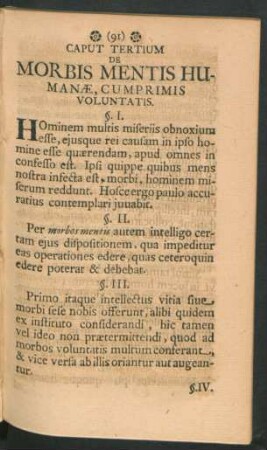 Caput Tertium. De Morbis Mentis Humanae, Cum Primis Voluntatis.