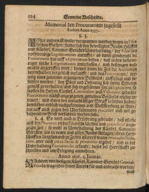 Memorial den Procuratoren zugestellt Eodem Anno 1557.