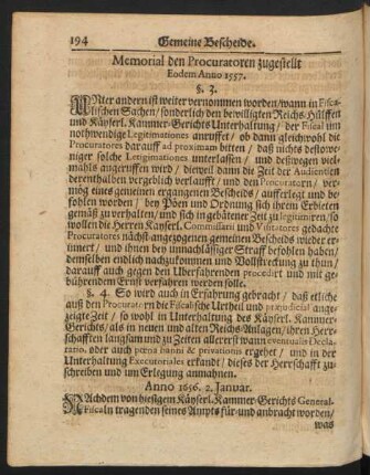 Memorial den Procuratoren zugestellt Eodem Anno 1557.
