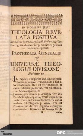 Protheoria Generalis agit de Universæ Theologiæ Divisione