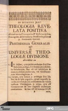 Protheoria Generalis agit de Universæ Theologiæ Divisione