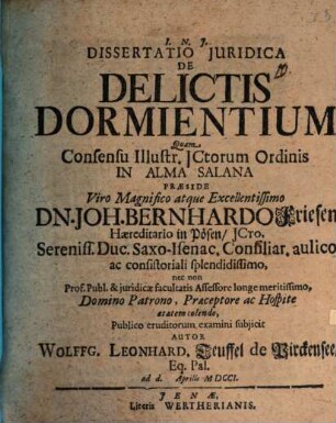 Dissertatio Juridica De Delictis Dormientium