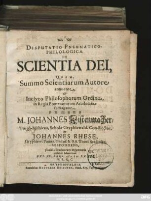 Disputatio Pneumatico-Philologica De Scientia Dei