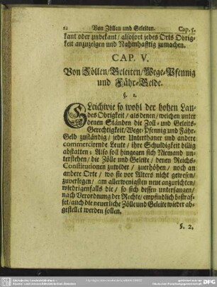 Cap. V. Von Zöllen, Geleiten, Wege-Pfennig und Fähr-Gelde
