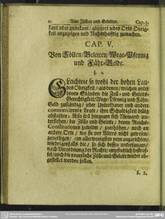 Cap. V. Von Zöllen, Geleiten, Wege-Pfennig und Fähr-Gelde