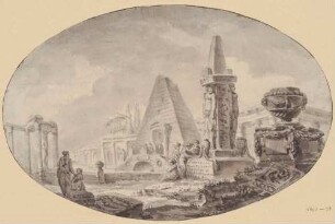 Capriccio mit ägyptisierenden Grabdenkmälern und Pyramide
