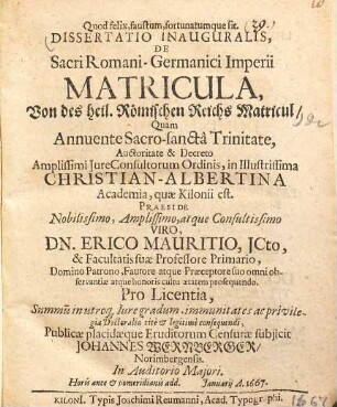 Dissertatio inauguralis, de sacri Romani-Germanici imperii matricula = Von des heil. Römischen Reichs Matricul