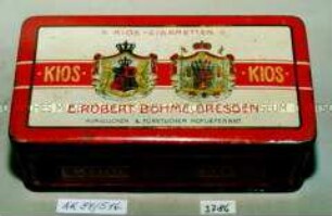 Blechdose für 100? Stück "KIOS-CIGARETTEN E.ROBERT BÖHME, DRESDEN" (Abbildung zweier gekrönter Wappen)