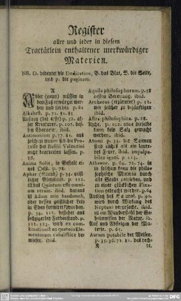Register aller und jeder in diesem Tractätlein enthaltener merkwürdiger Materien