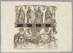 Albert I., König der Römer, Albert II., König der Römer sowie von Ungarn und Böhmen, Ladislaus, König von Ungarn und Böhmen, Ferdinand, König von Spanien, Blatt 107 aus: Marx Treitzsaurwein, "Kaiser Maximilian I Triumph – le triomphe de l’Empereur Maximilien I en une suite de Cent trent cinq planches gravées en bois d’après les dessins de Hans Burgmair", Wien 1796