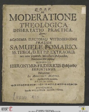 De Moderatione Theologica Dissertatio Practica