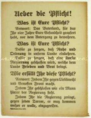 Aufruf an die Kriegsheimkehrer zum Kampf gegen den Spartakusbund und zum Schutz der Reichsregierung