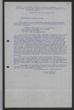 Abschrift Brief von Johanne Birnbaum an Helene Lange