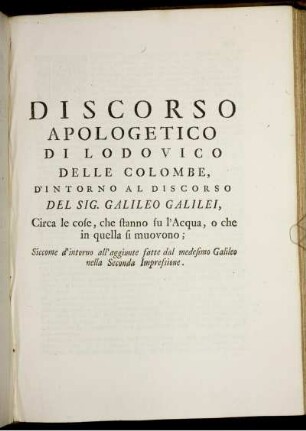 Discorso Apologetico Di Lodovico Delle Colombe.