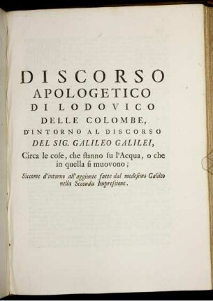 Discorso Apologetico Di Lodovico Delle Colombe.