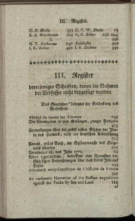 III. Register dererjenigen Schriften, denen die Nahmen der Verfasser nicht beygefügt worden.