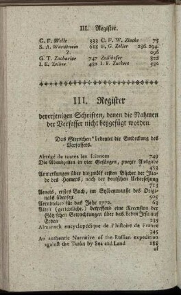 III. Register dererjenigen Schriften, denen die Nahmen der Verfasser nicht beygefügt worden.