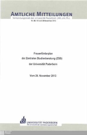 Frauenförderplan der Zentralen Studienberatung (ZSB) der Universität Paderborn : vom 29. November 2013