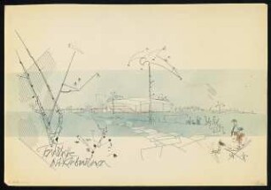Tennishalle mit Klubräumen, Argentinische Allee, Berlin-Zehlendorf: Blick zur Halle mit eingansbereich, Perspektivische Ansicht