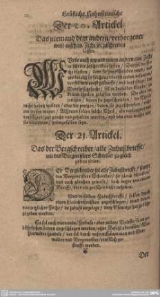 Der 20. Artickel. Das niemand dem andern/ verborgener weise in schein/ Zeche sol zuschreiben lassen.
