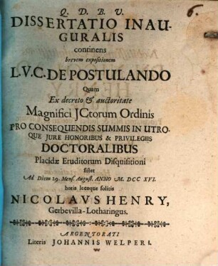 Diss. inaug. continens brevem expositionem de L. V. C. de postulando
