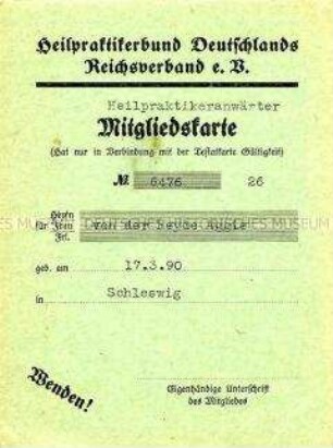 Mitgliedskarte des Heilpraktikerbundes Deutschlands, Reichsverband e. V. für Aggie von der Heyde