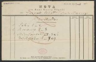 [Lieferschein] Nota von Hans Georg Nägeli [...] Remittenden