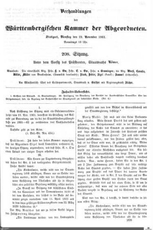208. Sitzung, Stuttgart, 19.11.1861